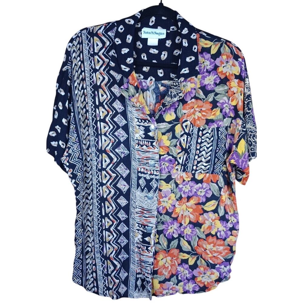 Vintage 90s Norton McNaughton Patchwork Blouse Floral & Geometric Print Size 12
